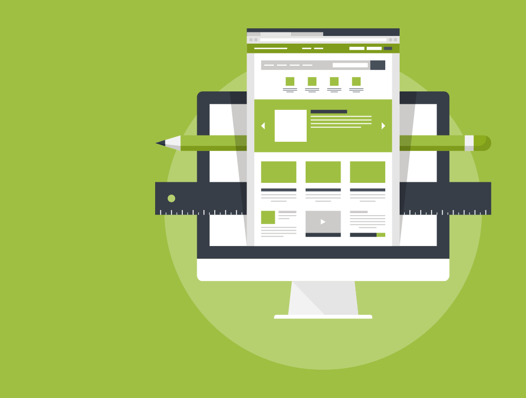 Graphic of a computer screen with a website wire frame, ruler and pencil