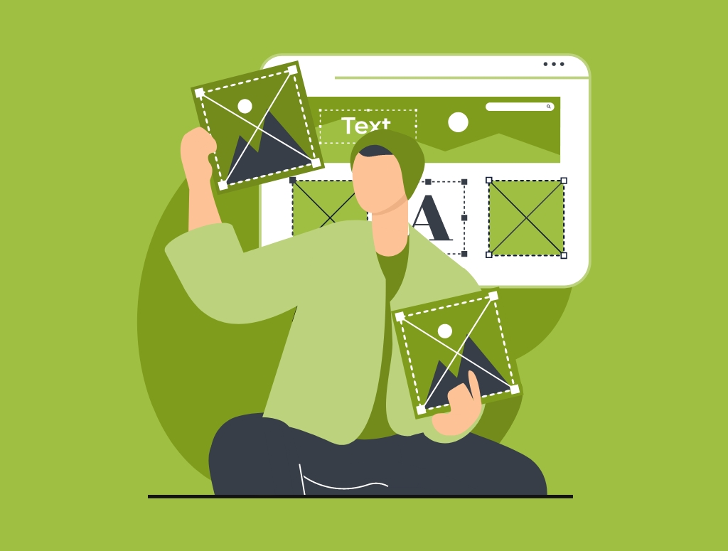 Graphic of a man holding up two images with a website in build behind him