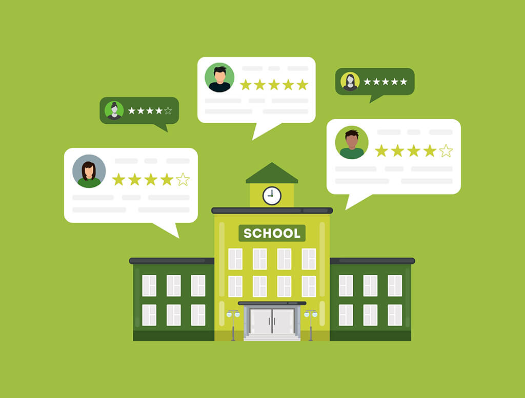 Graphic showing a school surrounded by reviews